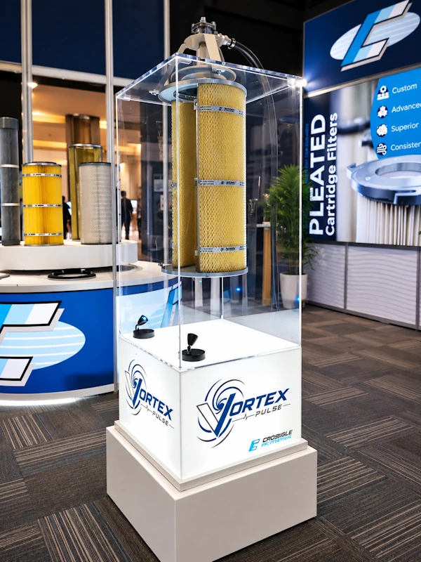 Custom acrylic display cabinet for an industrial filter product, built for Crosible for an industry show — Perspex® fabrication by Moriah Plastics, Johannesburg