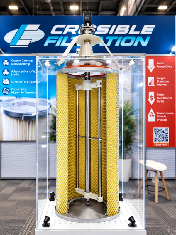 Custom acrylic display cabinet showcasing an industrial filter product for Crosible at an industry exhibition, fabricated by Moriah Plastics in Johannesburg