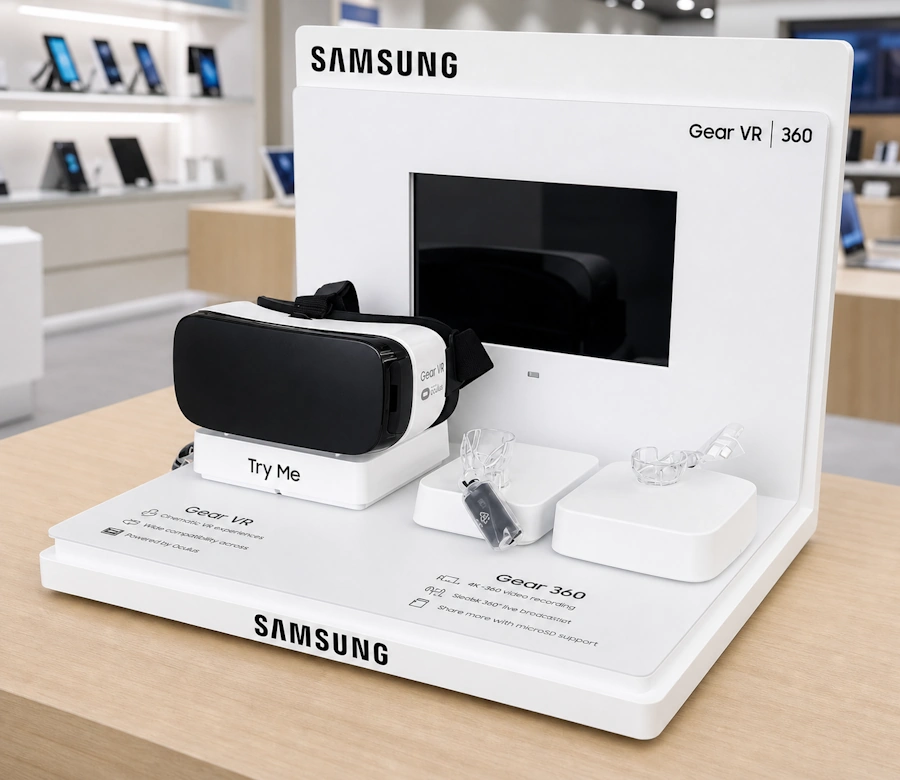 Acrylic electronics display platform — product staging for retail and events. Photo has been digitally repaired.