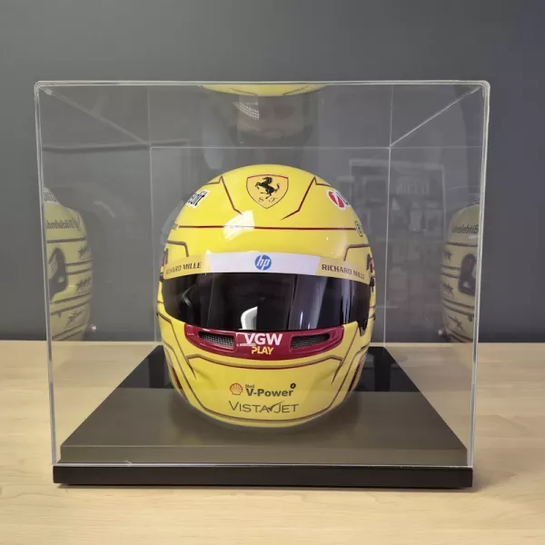 Lockable helmet display case — clear acrylic with dust-safe cover, custom-fabricated in Johannesburg.
