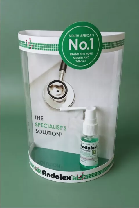 Andolek branded pharmacy countertop standee display stand made in ABS plastic by Moriah Plastics Johannesburg