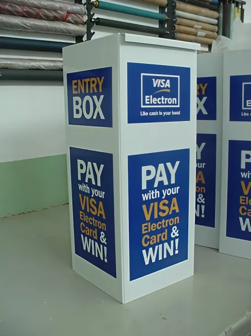 Lockable ABS ballot box with UV‑printed wrap and sliding lid.