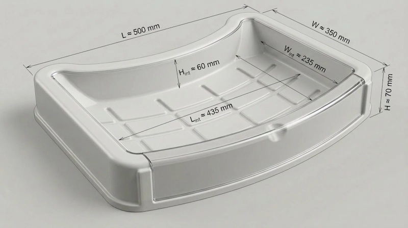Promotional neck tray dimensions diagram showing inside and outside measurements 500 x 350 x 70 mm — custom sampling tray design Johannesburg